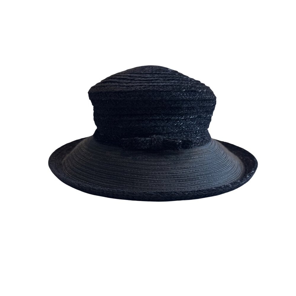 Debra Rhodes Black Straw Hat Wide Brim Classic Old Money